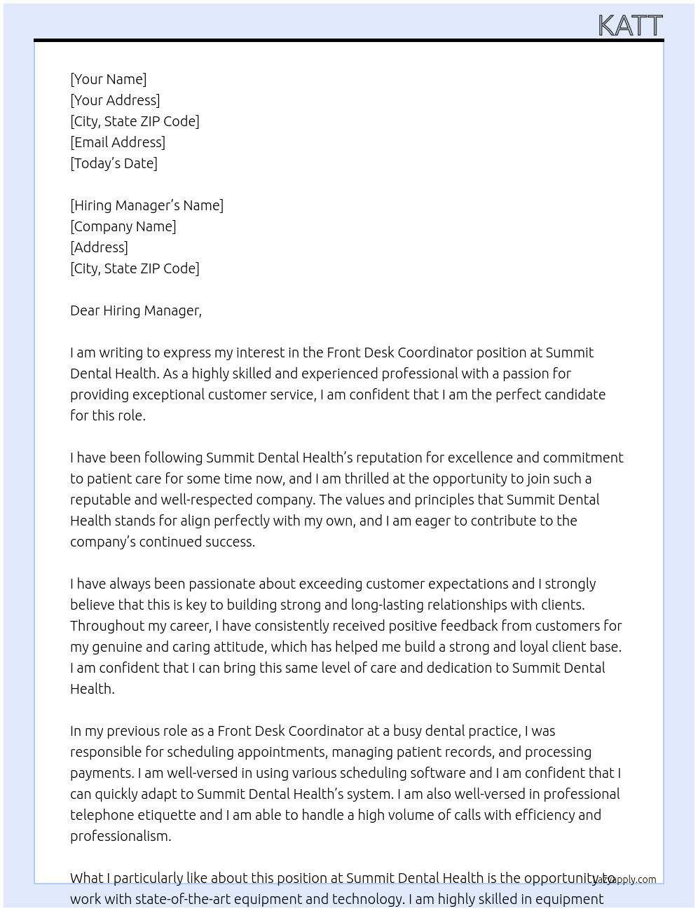 Front Desk Coordinator At Summit Dental Health Cover Letter