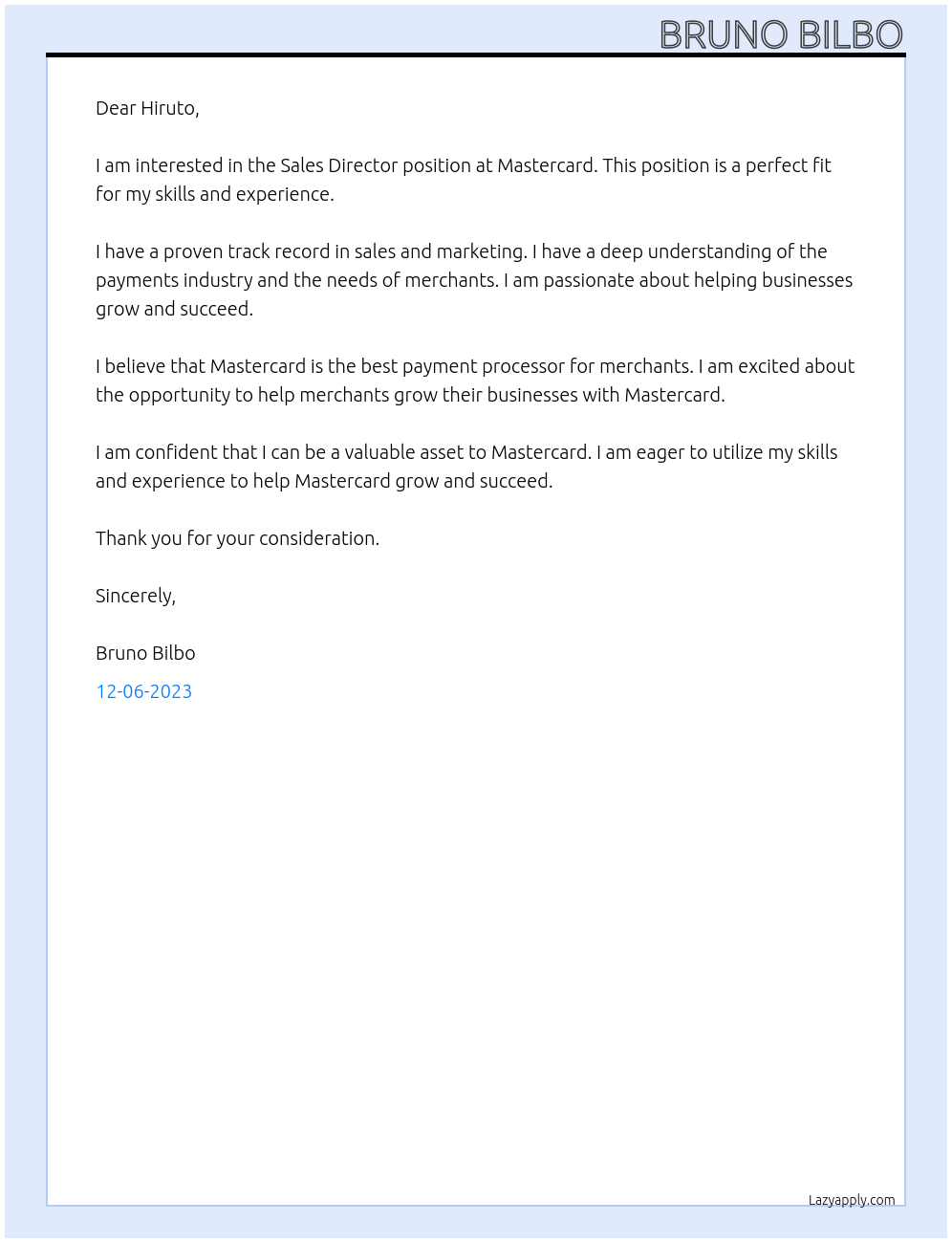 Sales Director At Mastercard Cover Letter