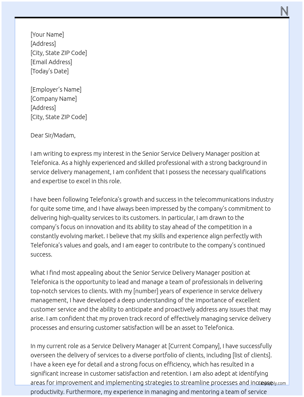 Senior Service Delivery Manager At Telefonica Cover Letter