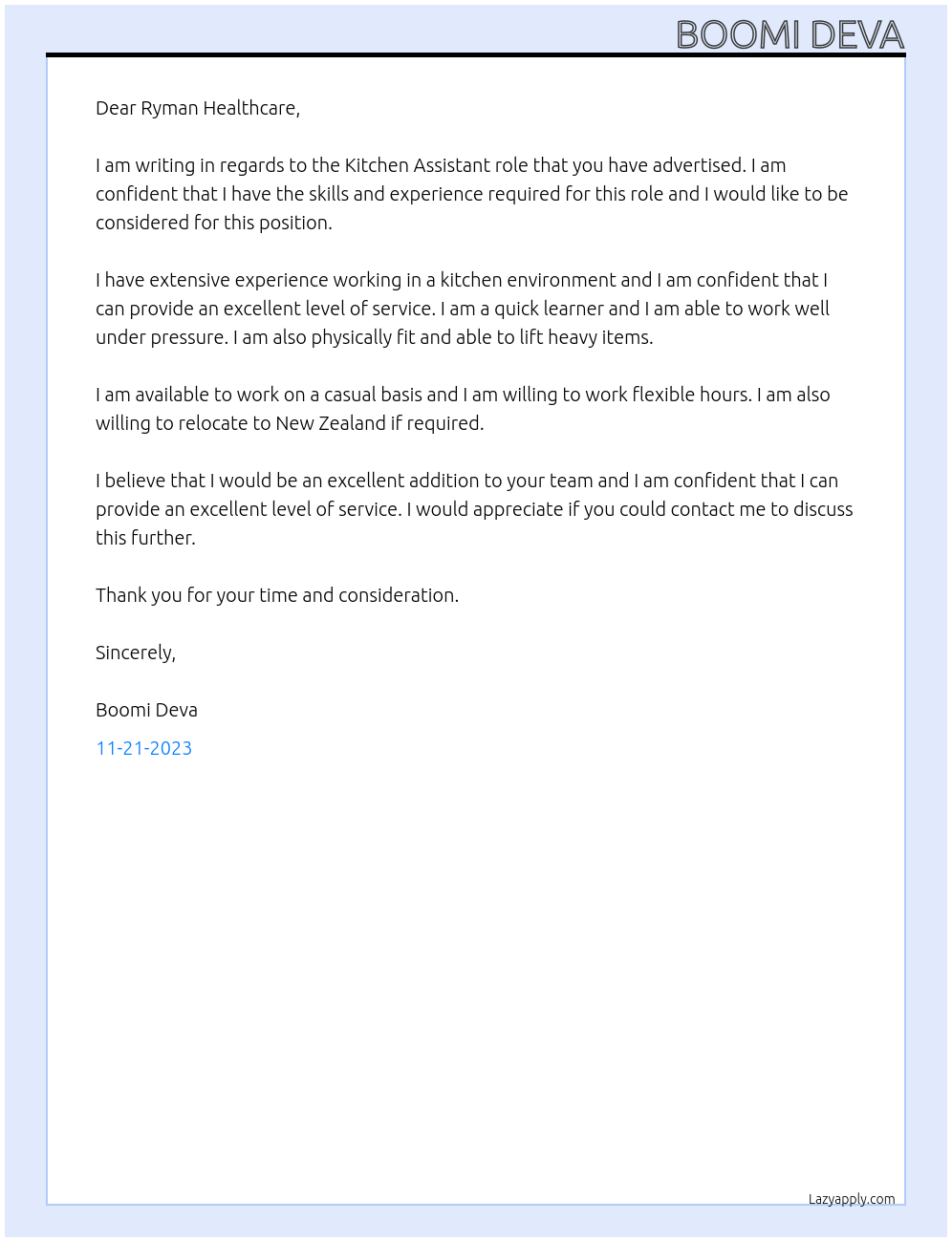 Kitchen assistant At Ryman Healthcare Cover Letter