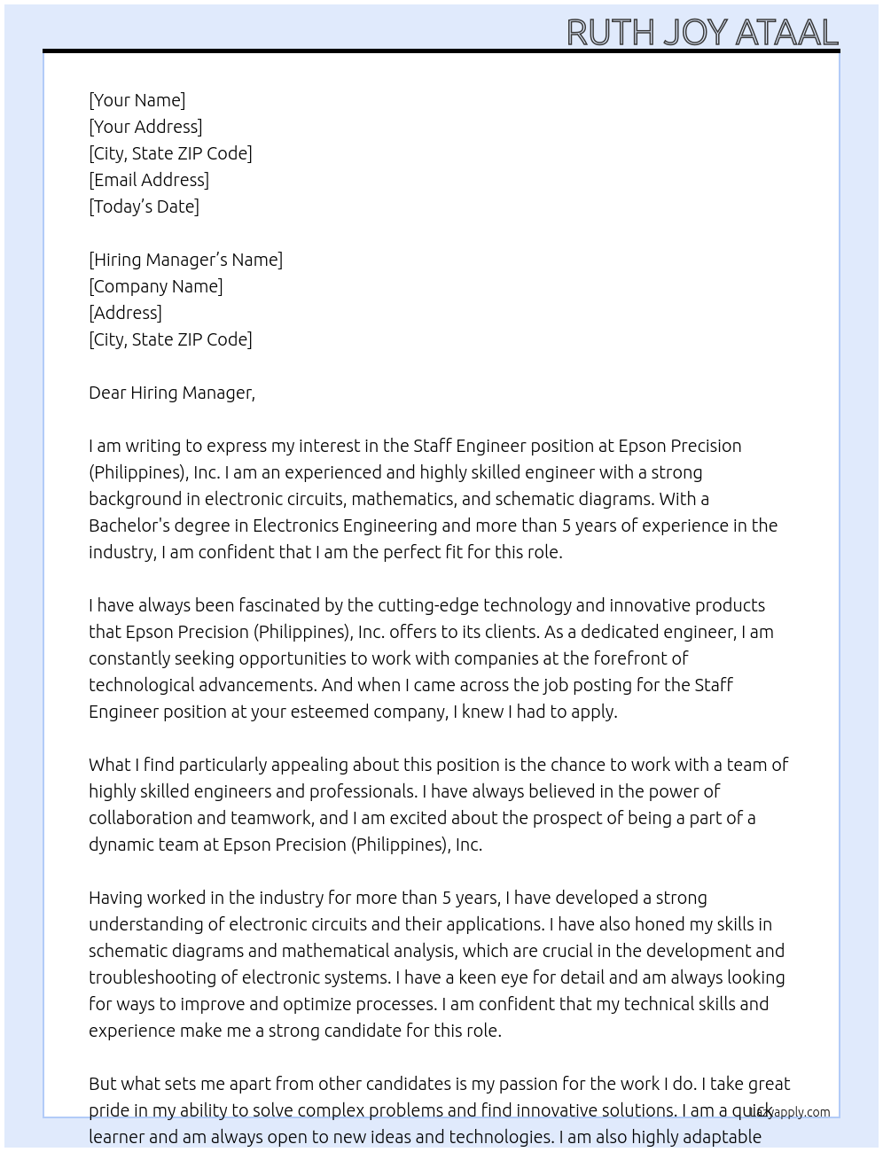 staff Engineer At Epson Precision (Philippines), Inc. Cover Letter