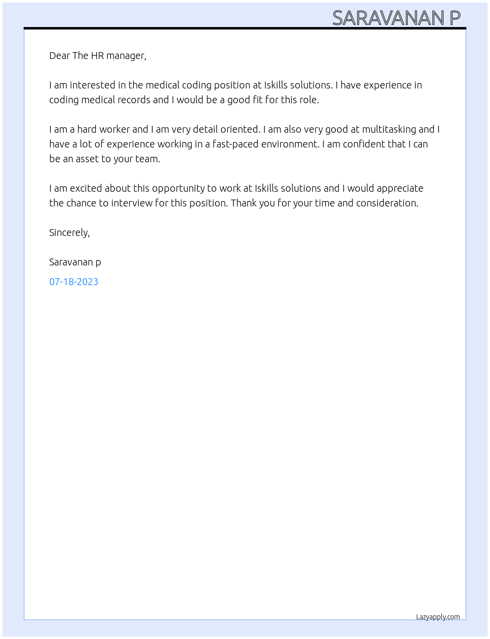 Medical coding At Iskills solutions Cover Letter