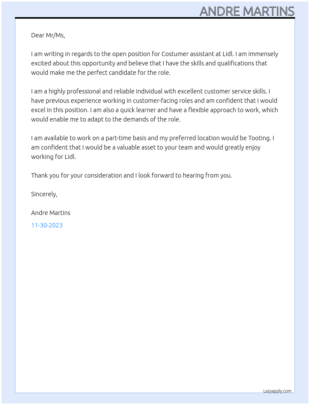 Costumer assistant At Lidl Cover Letter