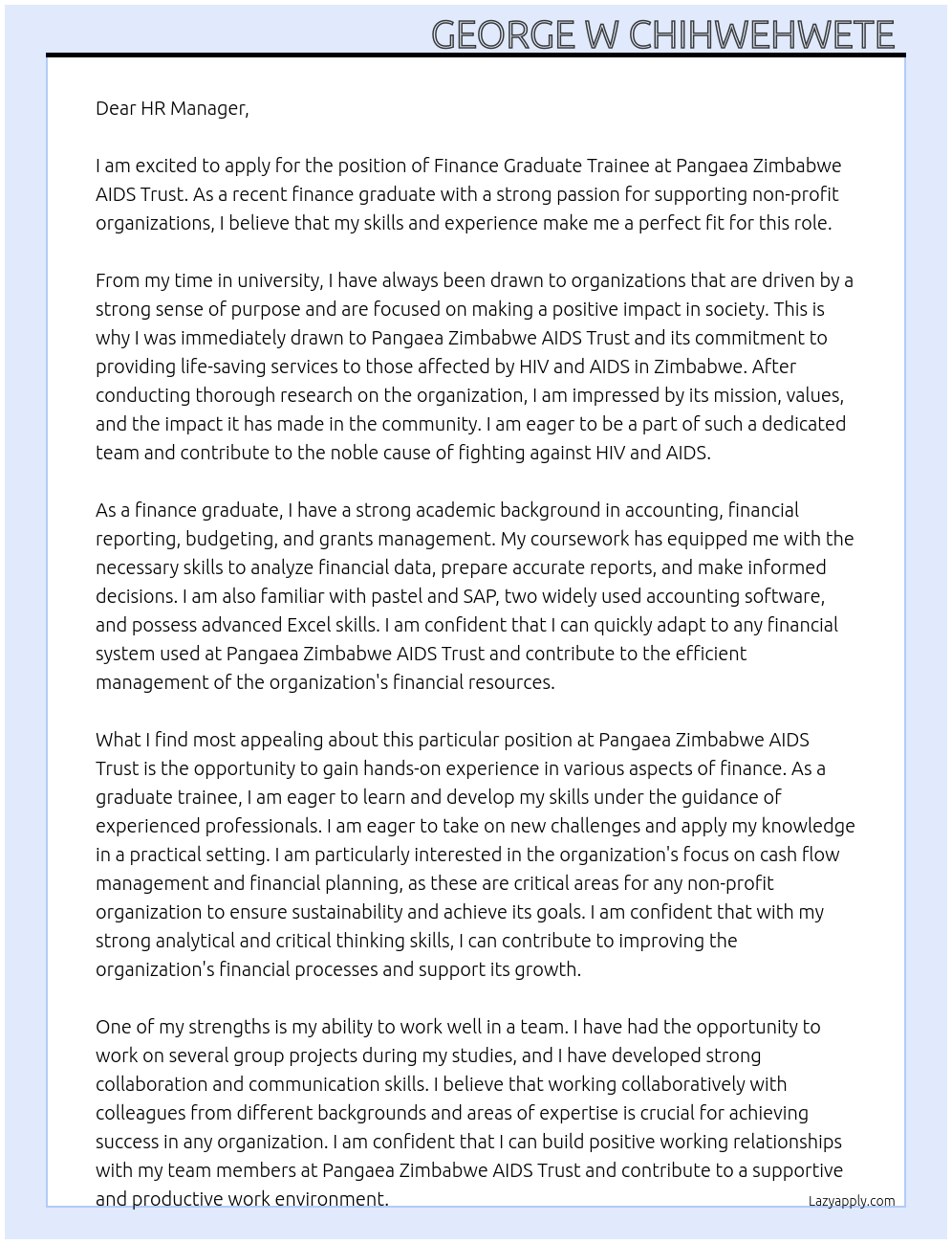 Finance Graduate Trainee At Pangaea Zimbabwe AIDS Trust Cover Letter