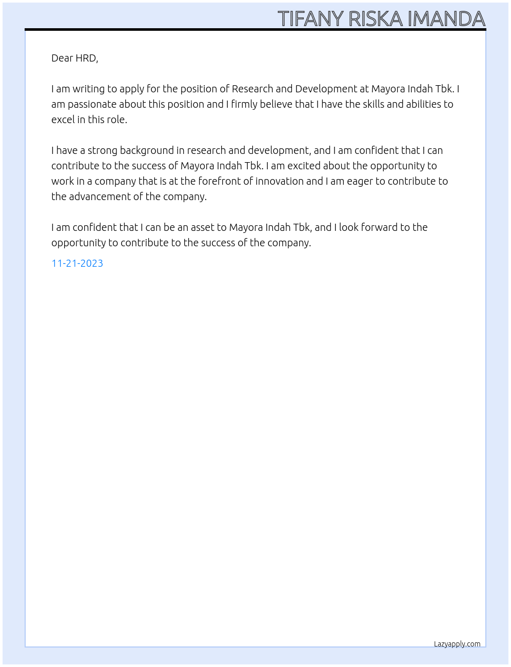 Research and Development At Mayora Indah Tbk Cover Letter