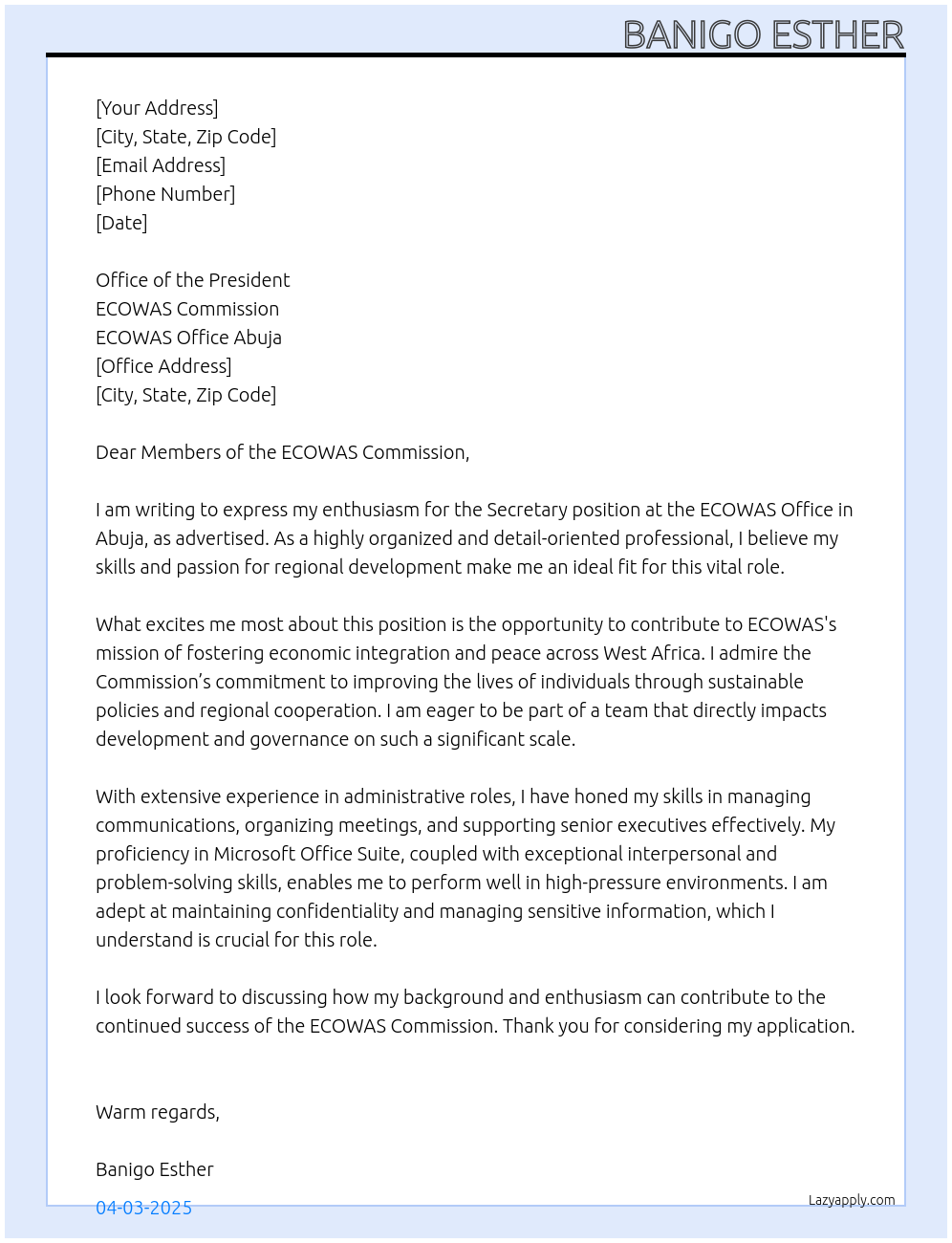 Secretary At ECOWAS OFFICE ABUJA Cover Letter