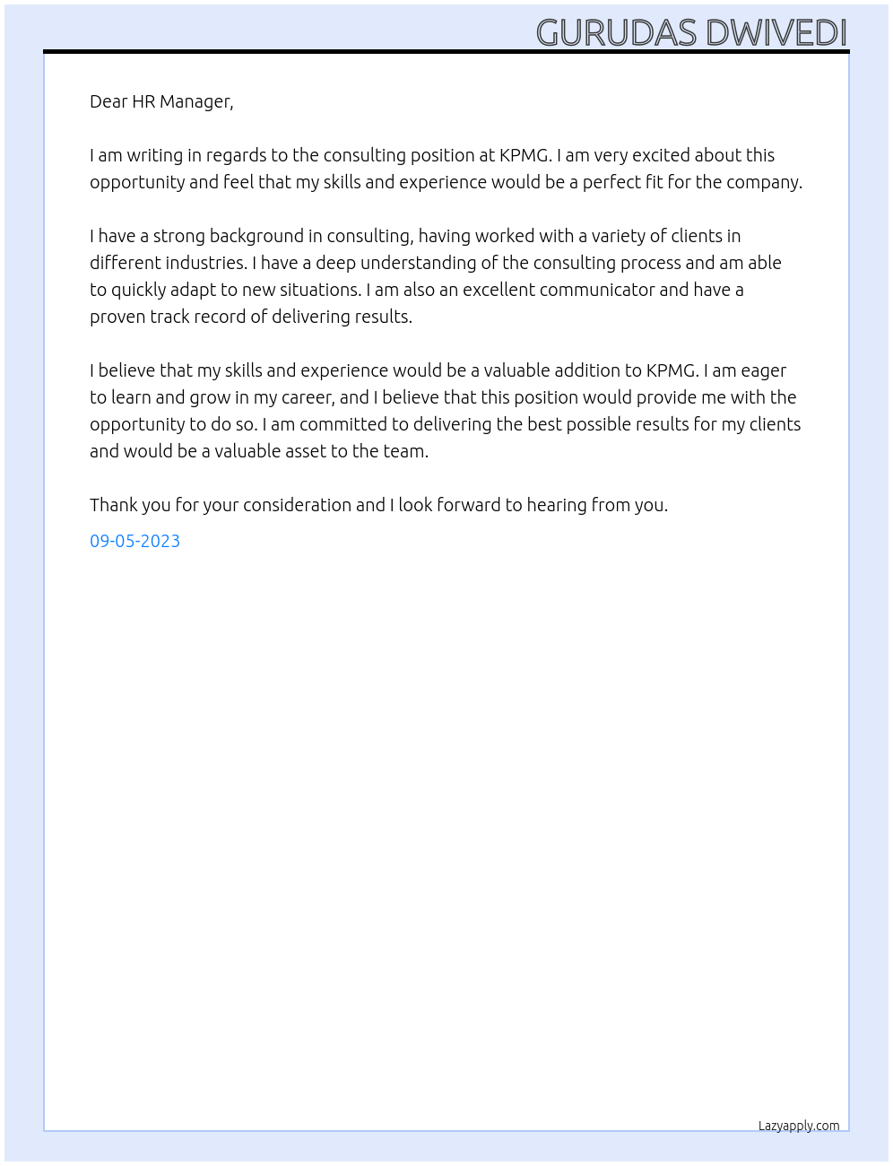 CONSULTING At KPMG Cover Letter