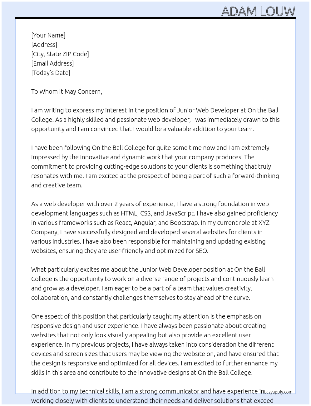 Junior Web Developer At On the Ball College Cover Letter