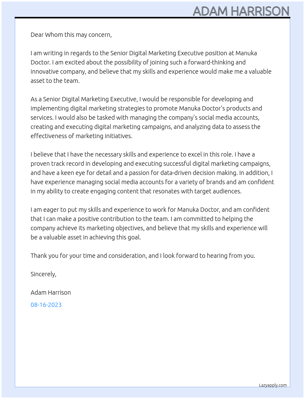 Senior Digital Marketing Executive At Manuka Doctor Cover Letter