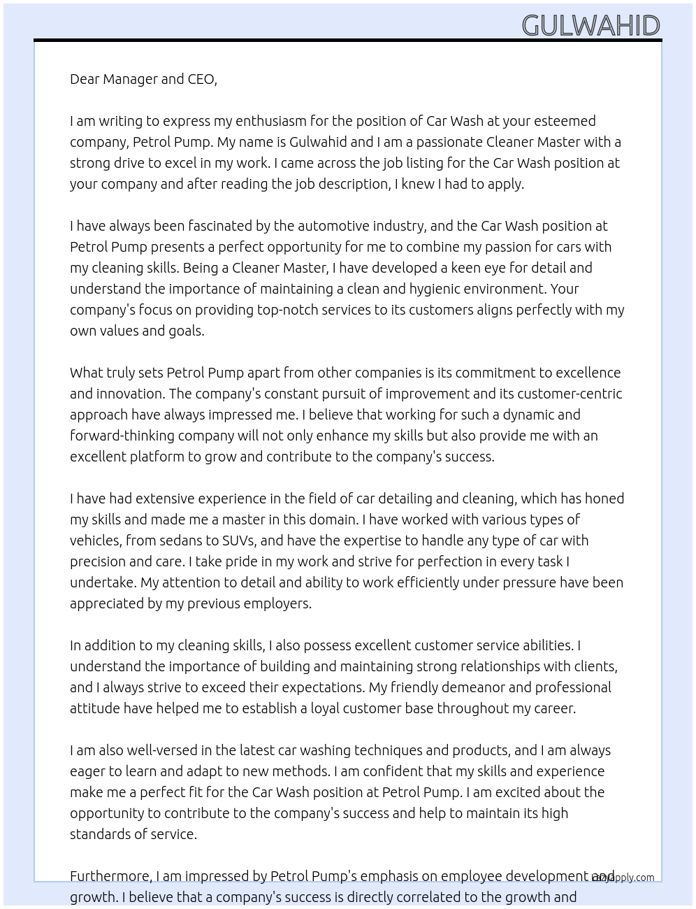 Car wash At Petrol pump Cover Letter