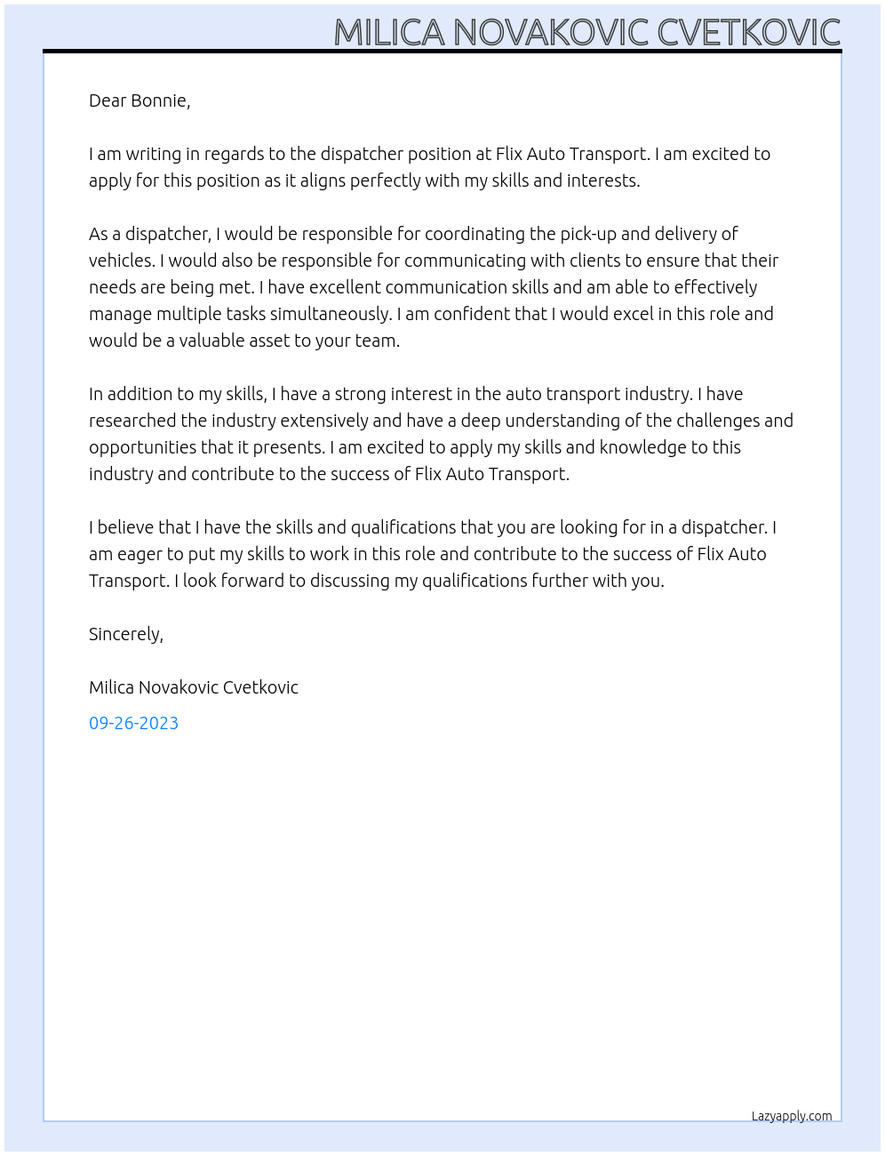 Dispatcher At Flix Auto Transport Cover Letter