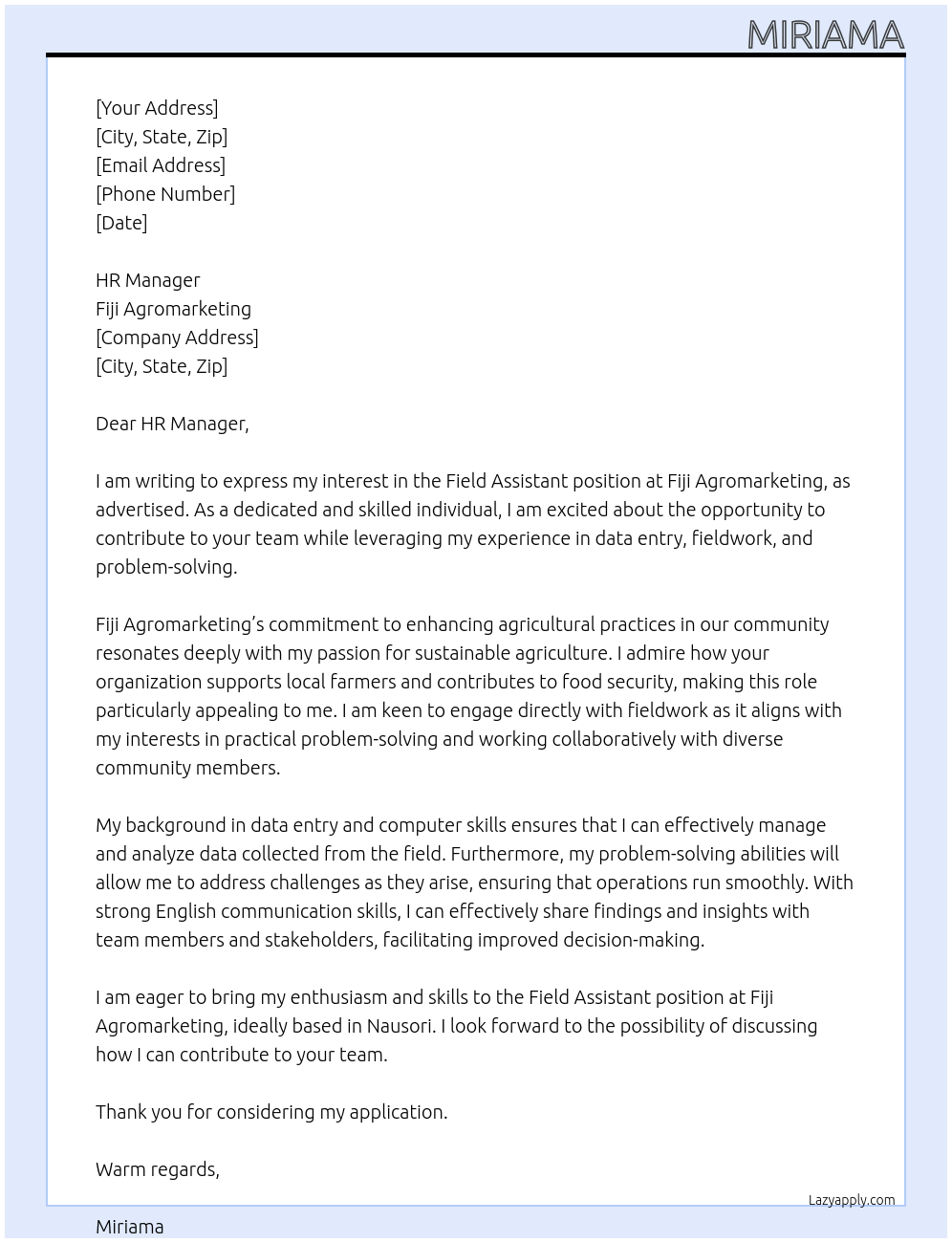 Field Assistant At Fiji Agromarketing Cover Letter