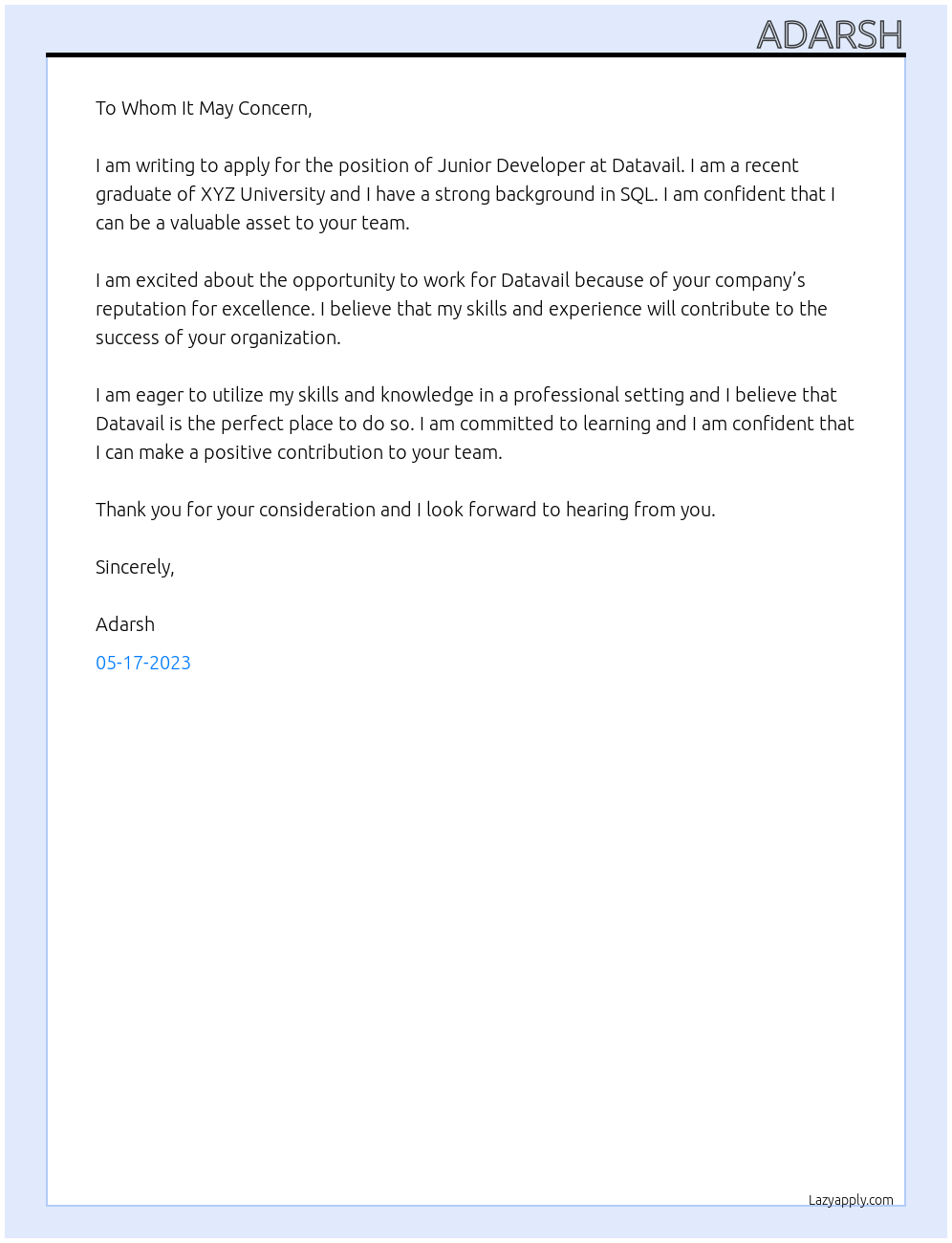 Junior developer At Datavail Cover Letter
