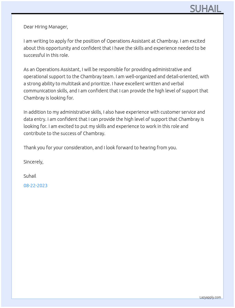 Operations assistant At Chambray Cover Letter