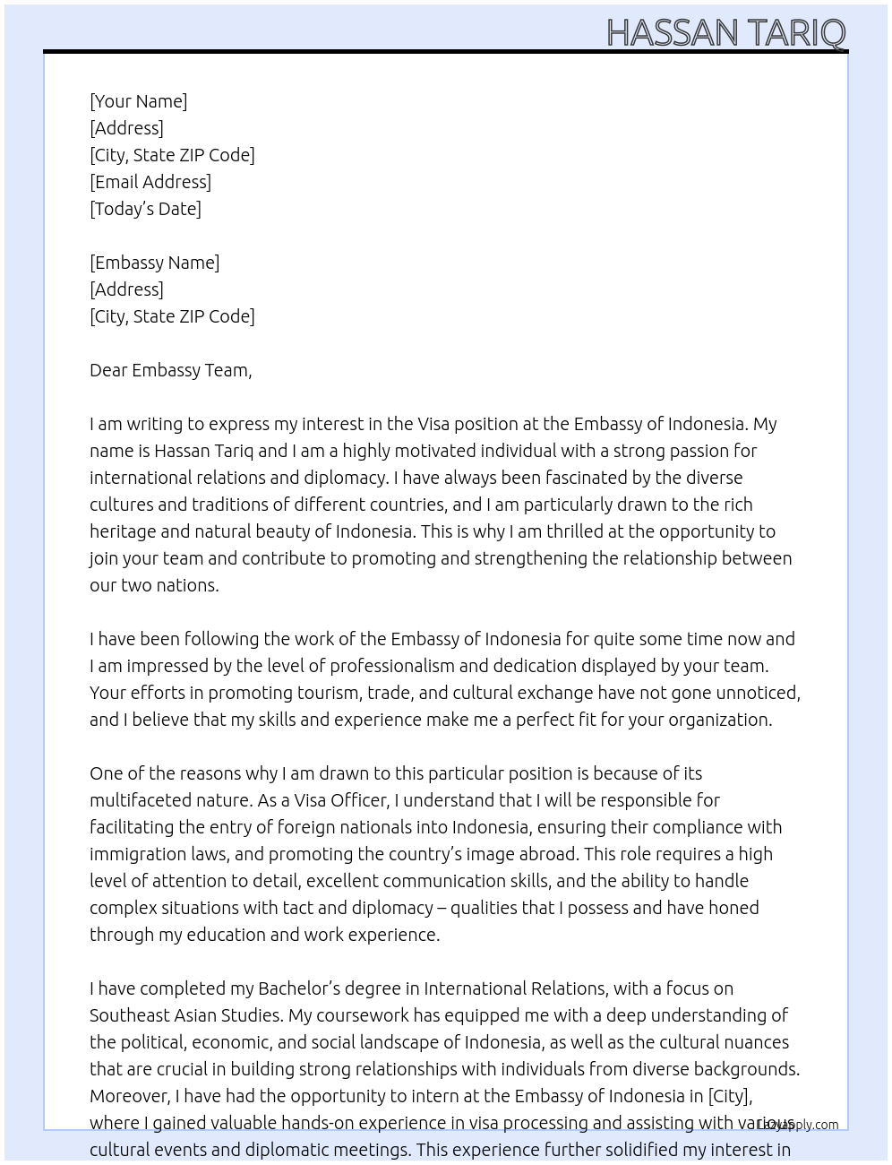 VISA At INDONESIA Cover Letter