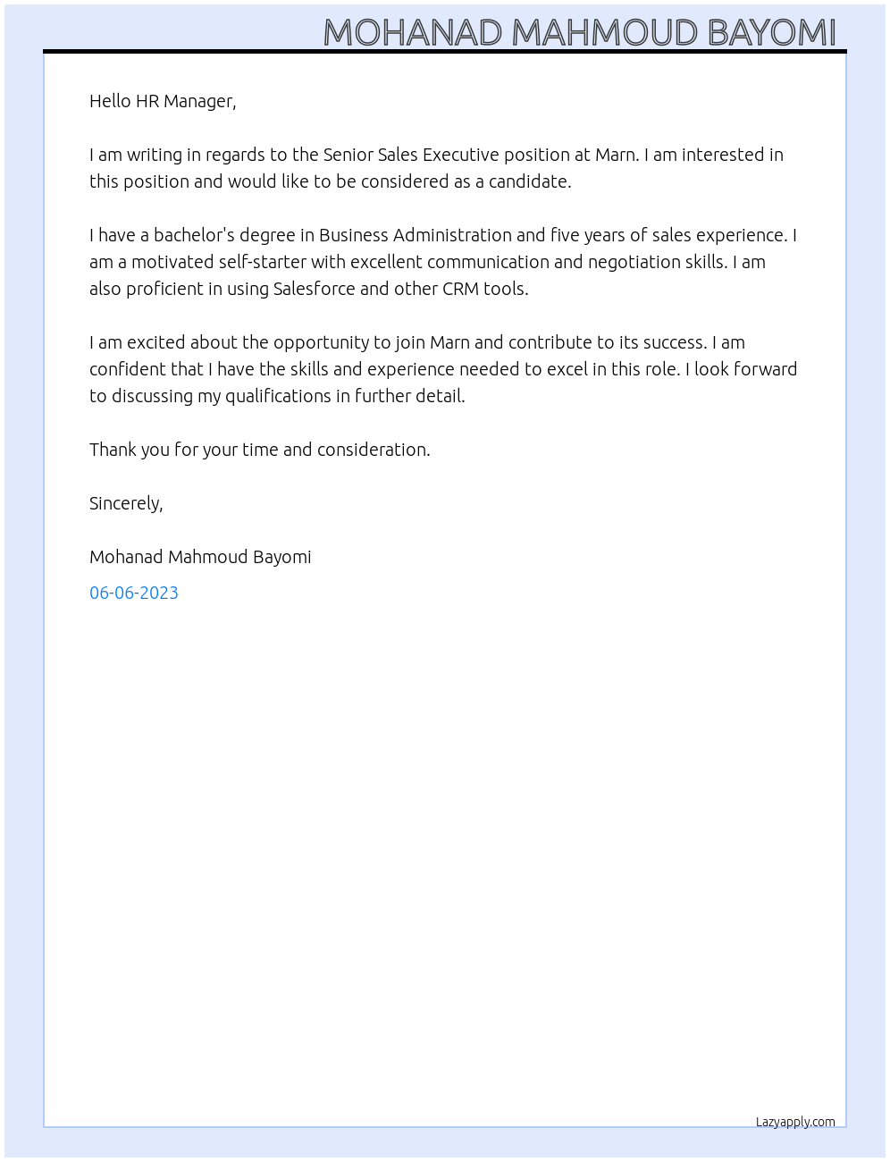 Senior Sales Executive At Marn Cover Letter