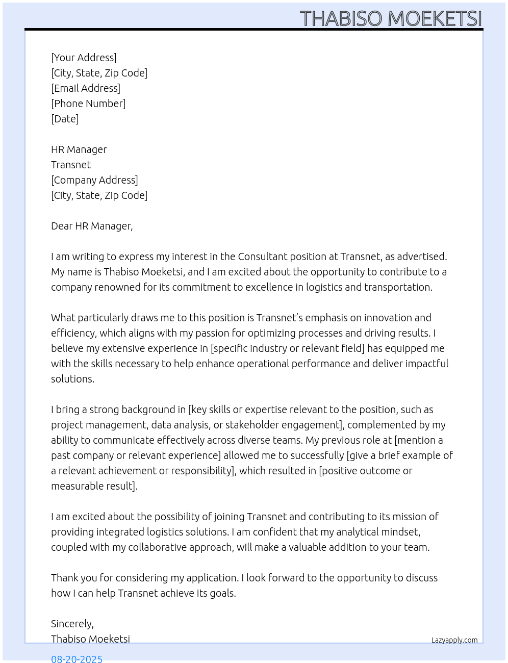 consultant At transnet Cover Letter