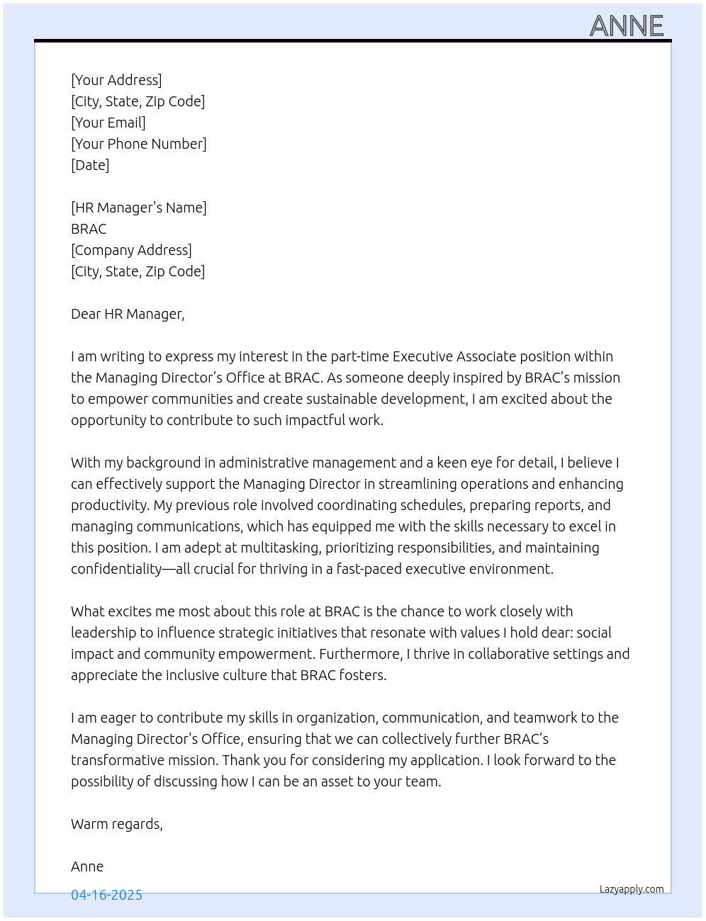 Executive Associate (Managing Directors Office) At bracs Cover Letter