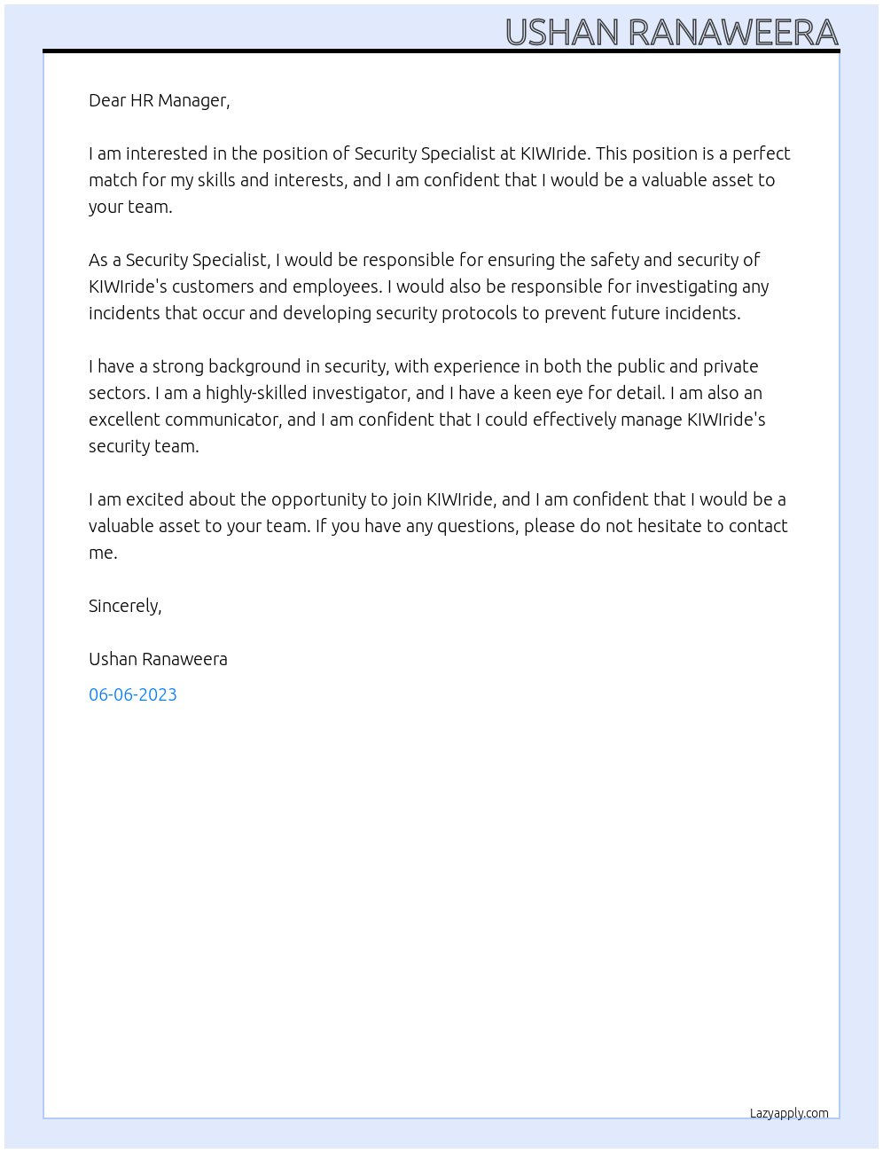 Security Specialist At KIWIride Cover Letter