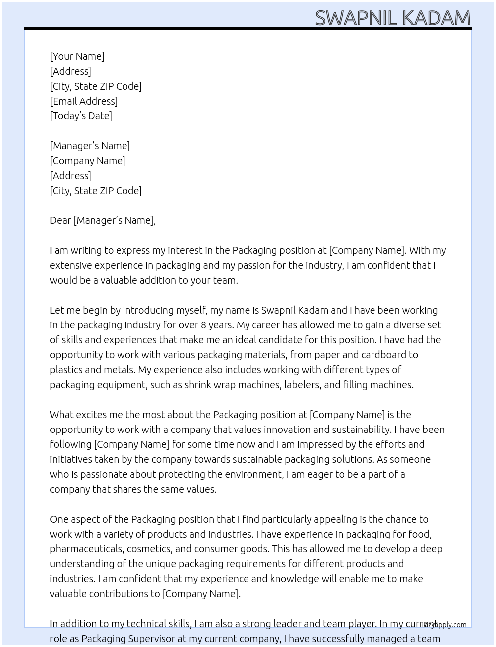 Packaging At Xyz Cover Letter