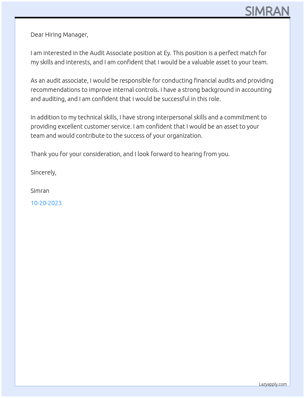 Audit associate At Ey Cover Letter