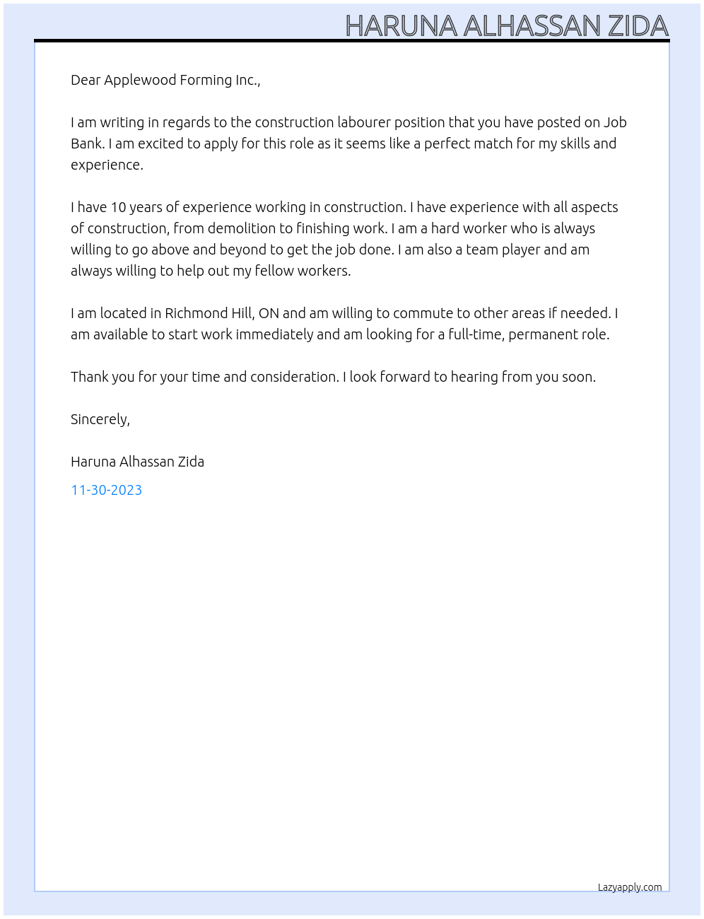 Construction labourer At Job Bank #2634347 Cover Letter