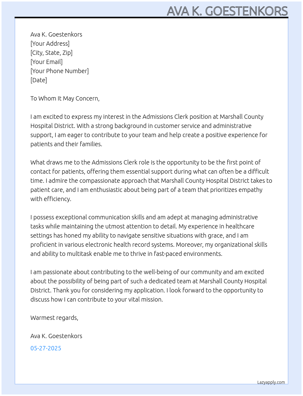 Cover letter for admissions clerk - LazyApply