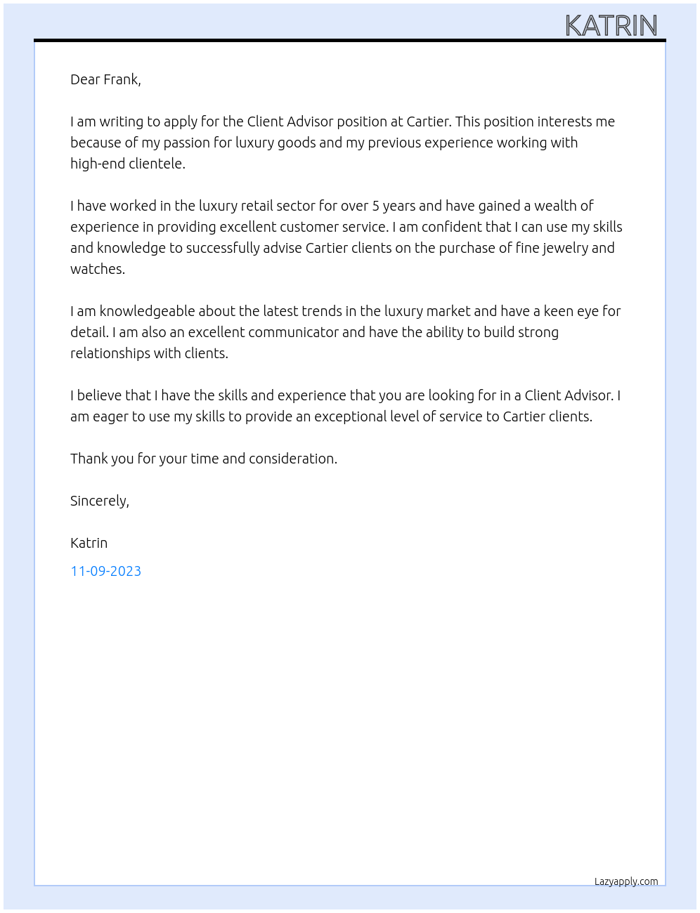 Client Advisor At Cartier Cover Letter