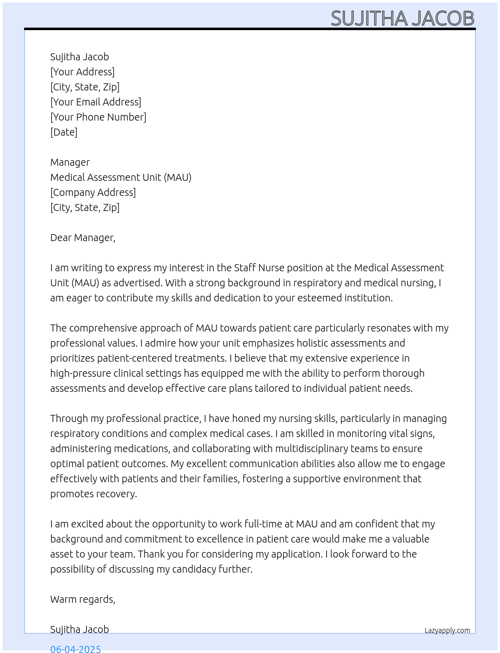 Staff Nurse At Medical Assessment unit (MAU) Cover Letter