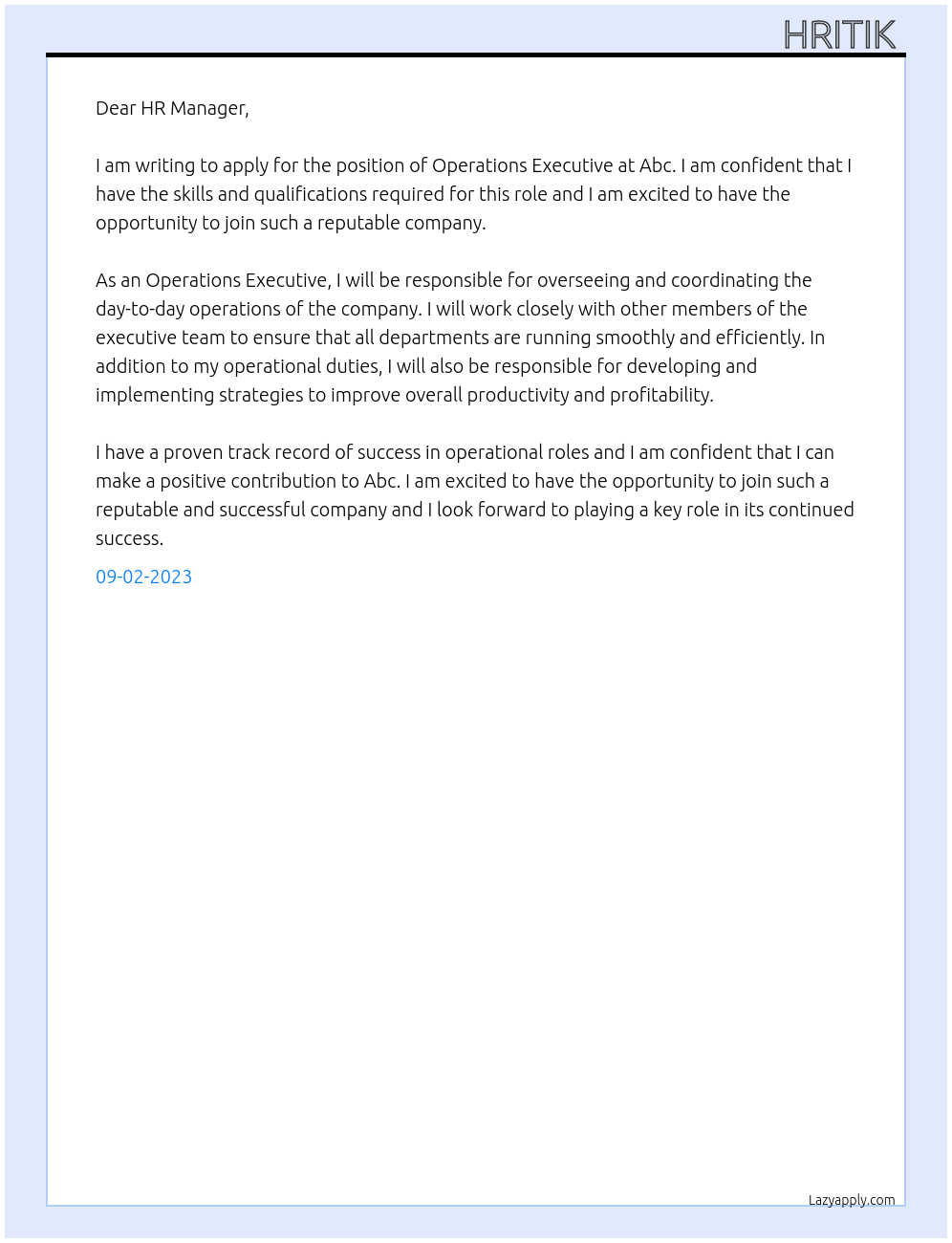 Operations executive At Abc Cover Letter