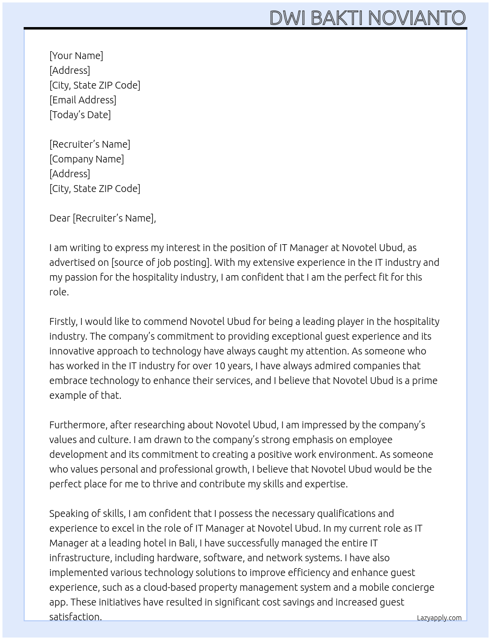 IT Manager At Novotel Ubud Cover Letter