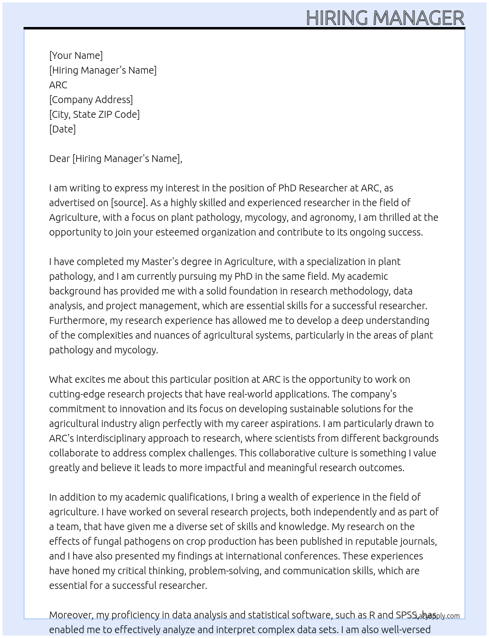 PhD At ARC Cover Letter