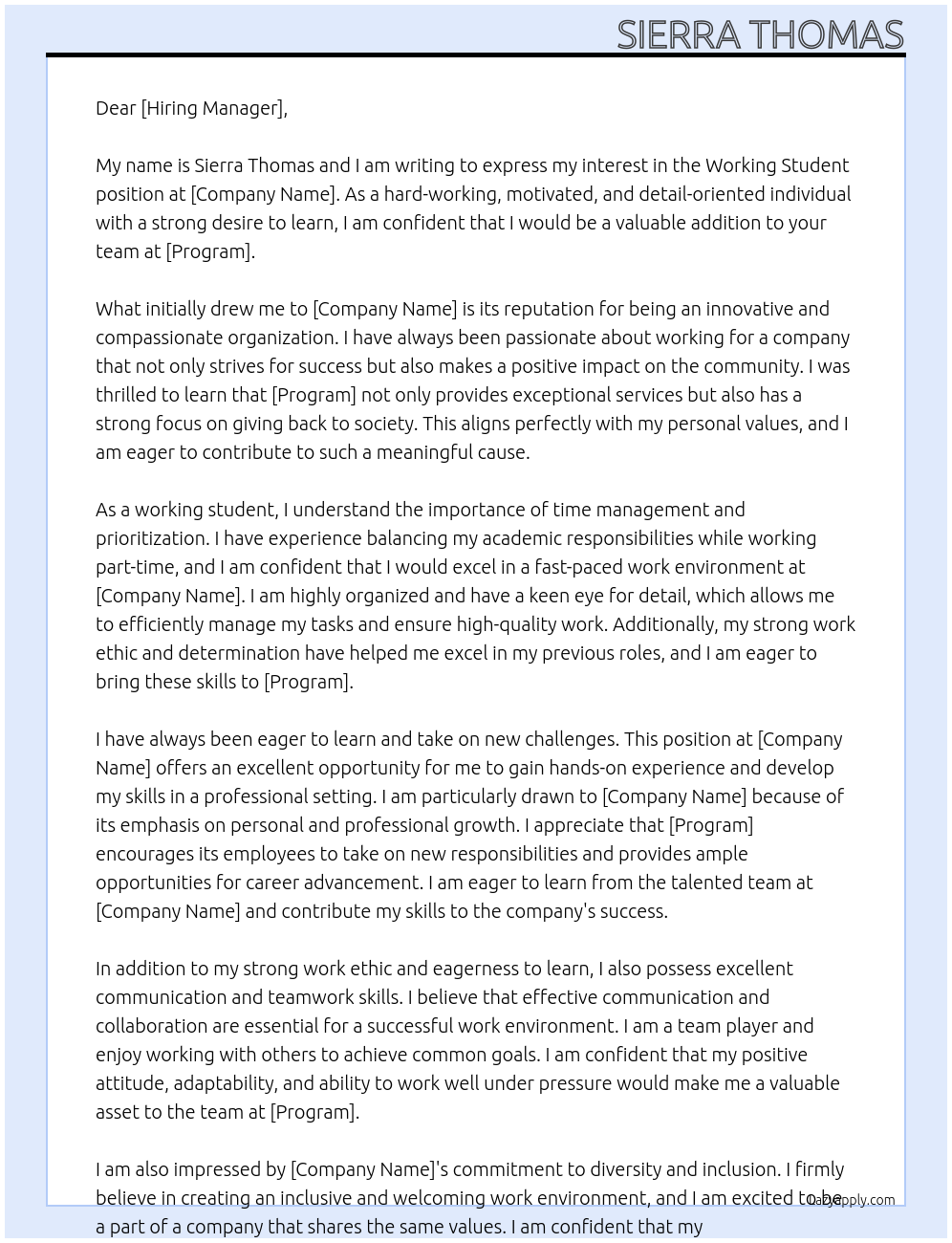 Working Student At Program Cover Letter