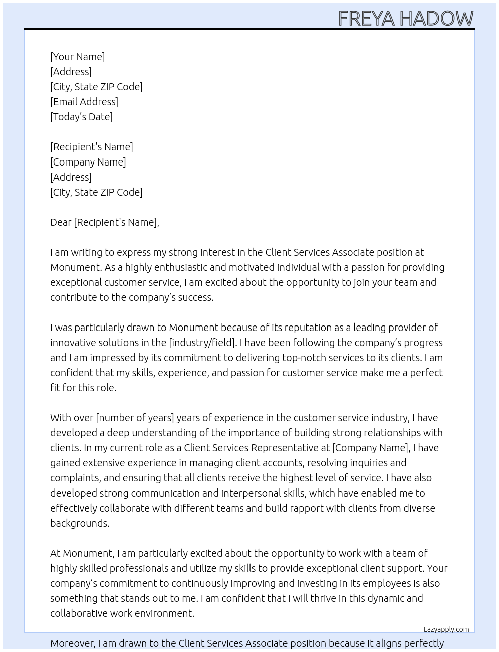 Client Services Associate At Monument Cover Letter