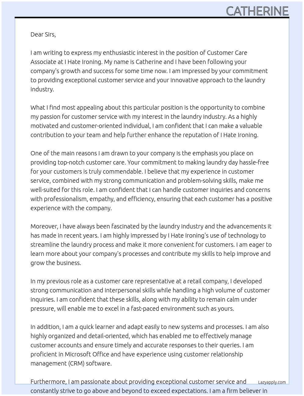 customer care associate At I hate ironing Cover Letter