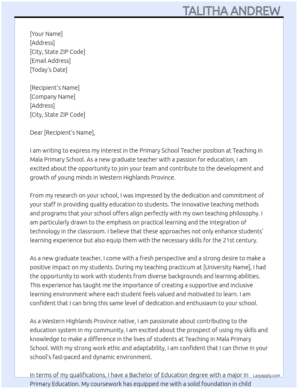 Primary School Teacher At Teaching in Mala Primary School Cover Letter