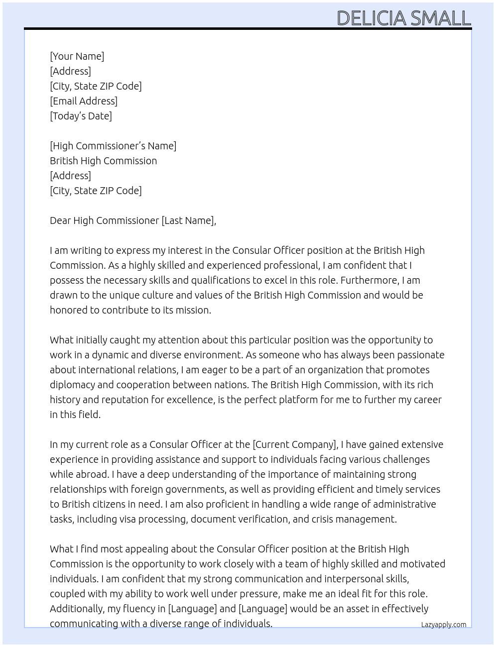 Consular Officer At British High Commission Cover Letter