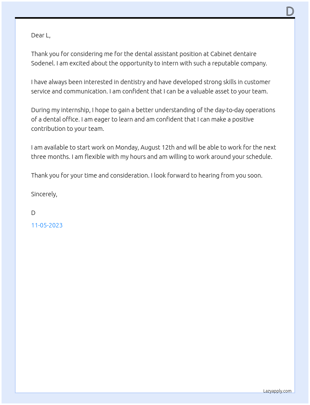 dental assistant At Cabinet dentaire Sodenel Cover Letter