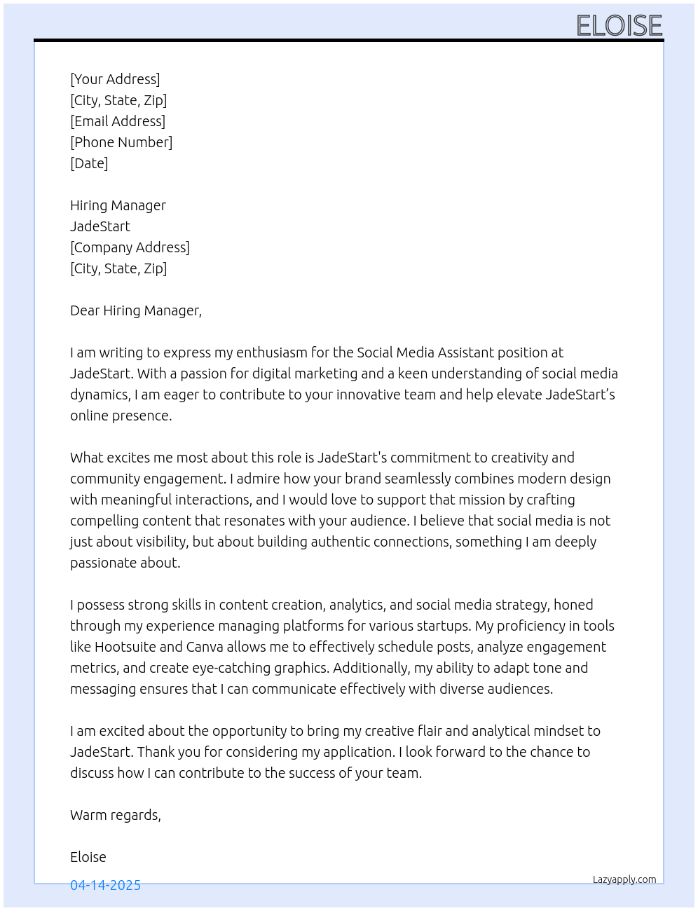 Cover letter for social media assistant - LazyApply