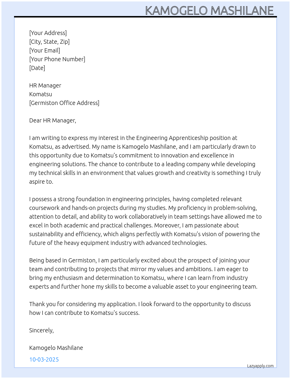 Cover letter for engineering apprenticeship - LazyApply