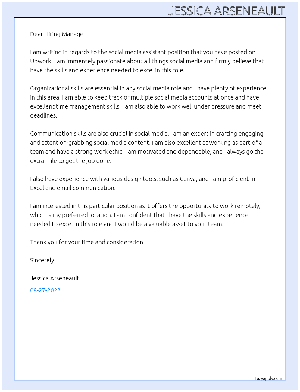 Social media assistant At Upwork Job offer Cover Letter