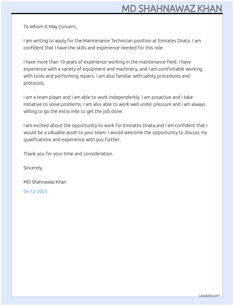 Maintenance technician At Emirates Dnata Cover Letter
