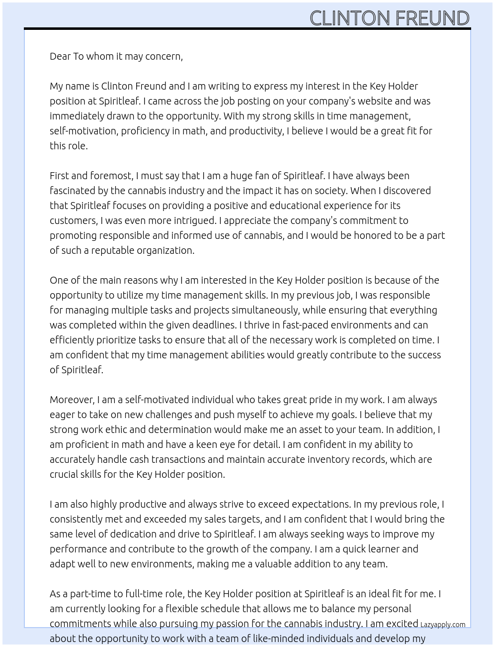 Key Holder At Spiritleaf Cover Letter