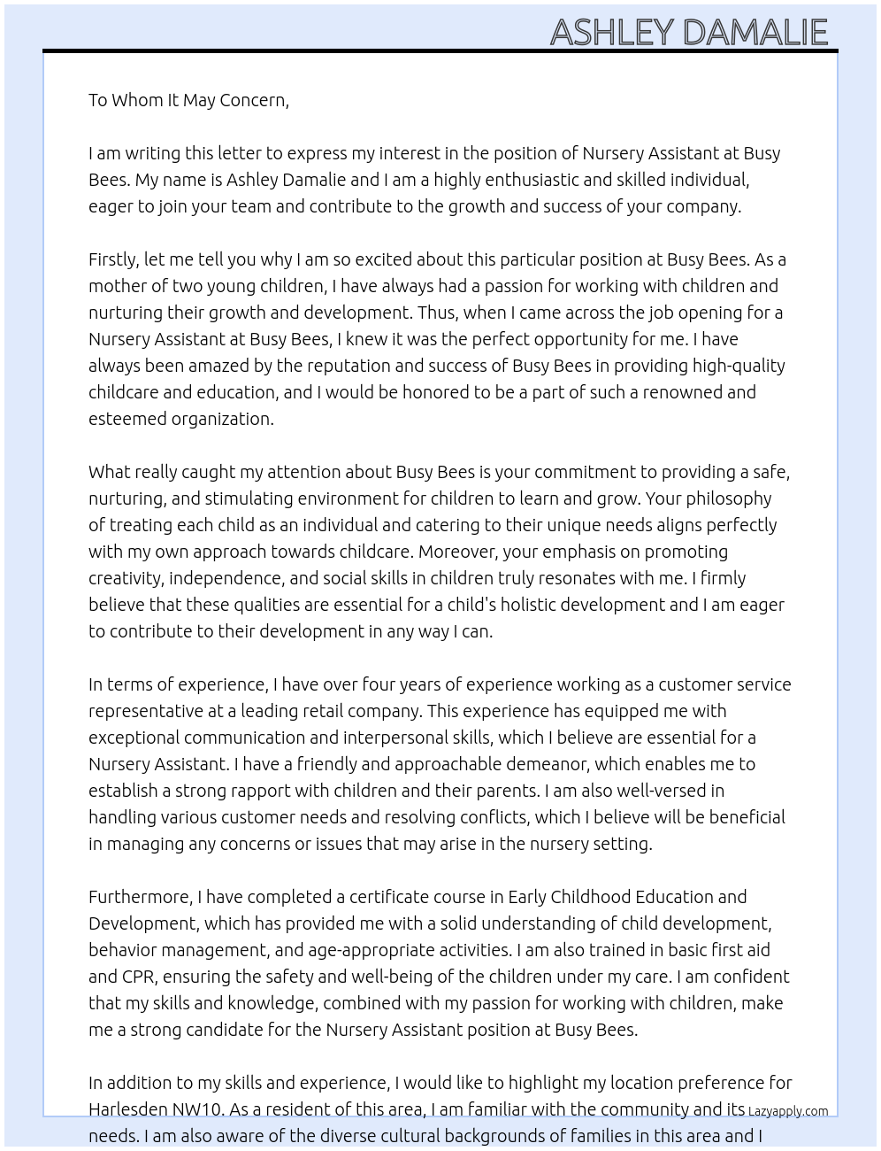 Nursery assistant At Busy Bees Cover Letter