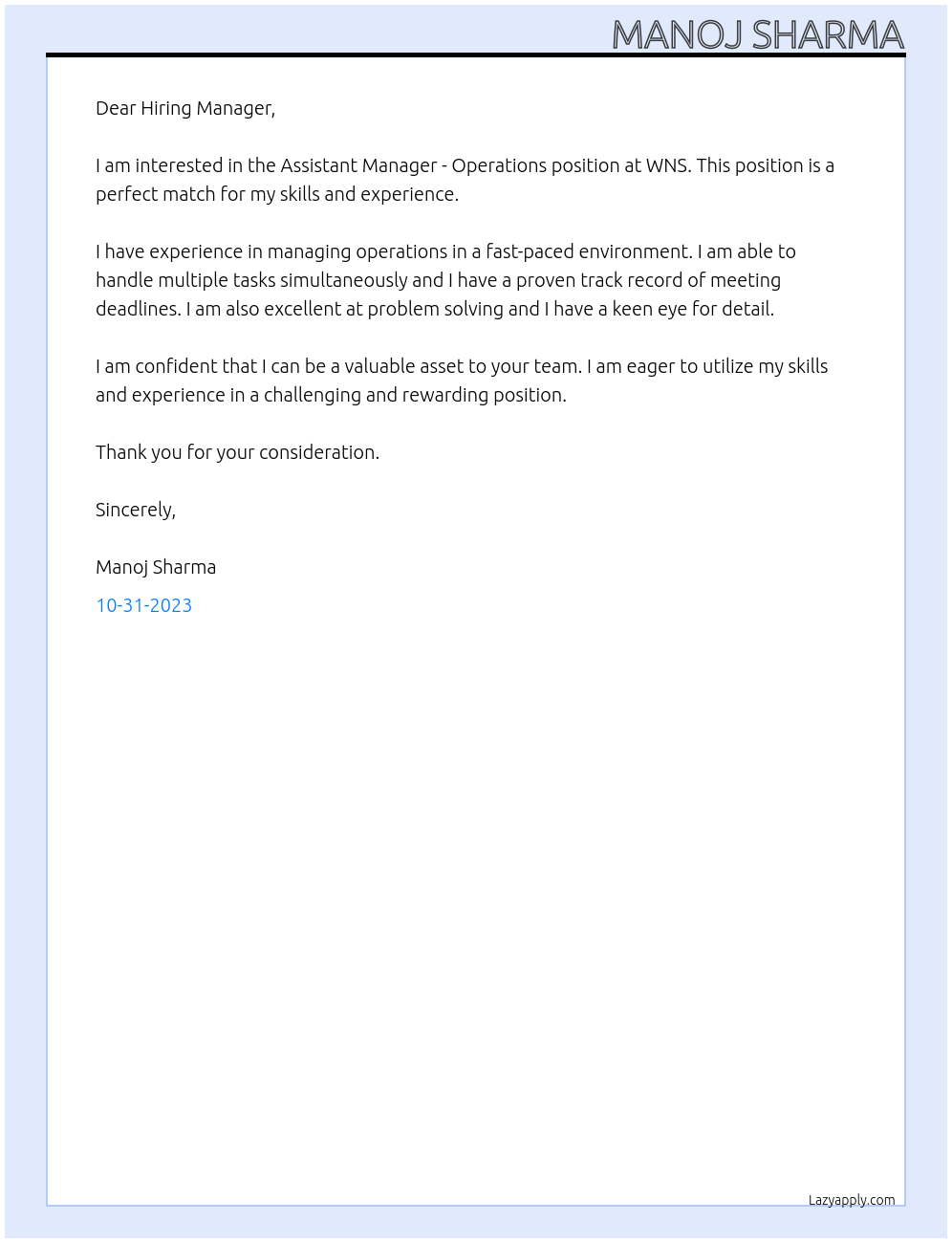 Assistant Manager - Operations At WNS Cover Letter