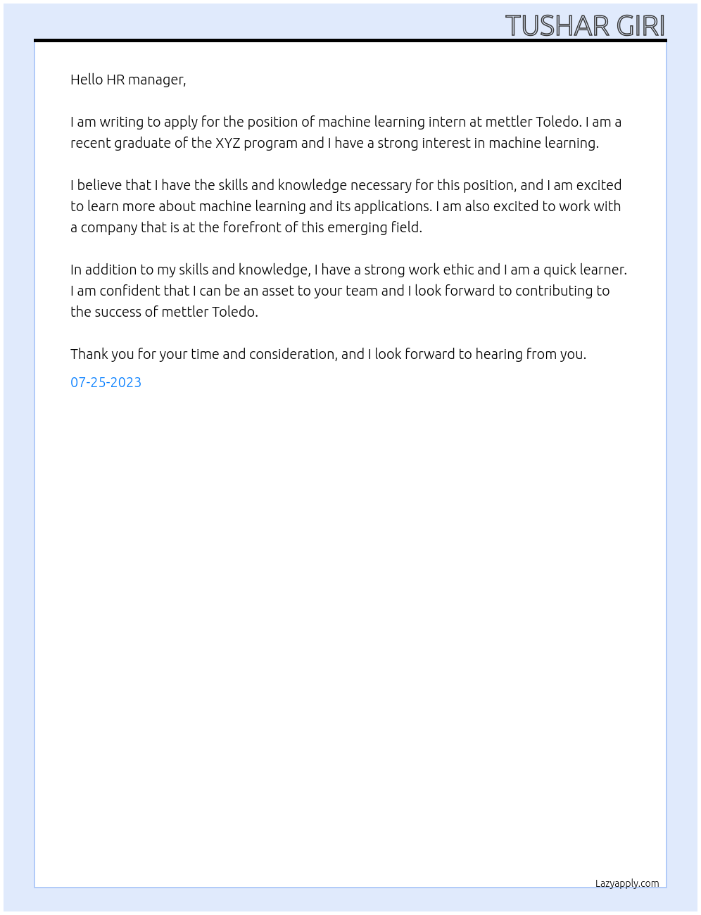 Machine Learning At Machine learning intern at mettler Toledo Cover Letter