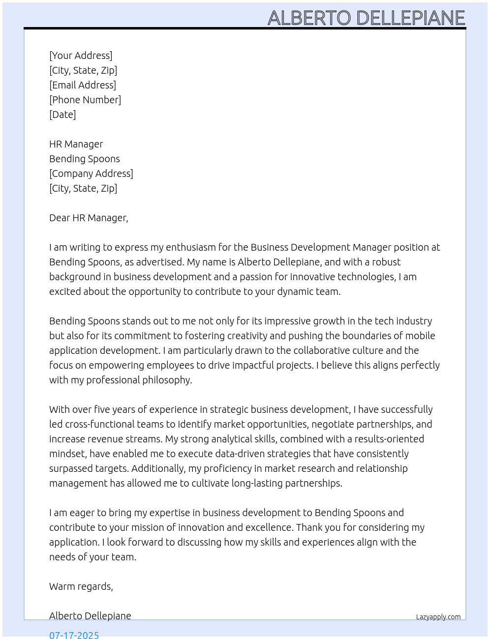 Business Development Manager At Bending Spoons Cover Letter