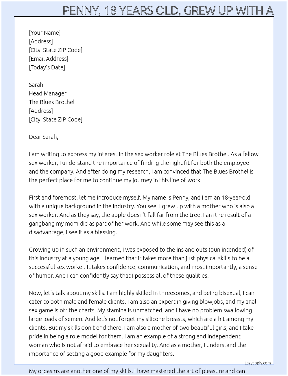 sex worker At The Blues Brothel Cover Letter