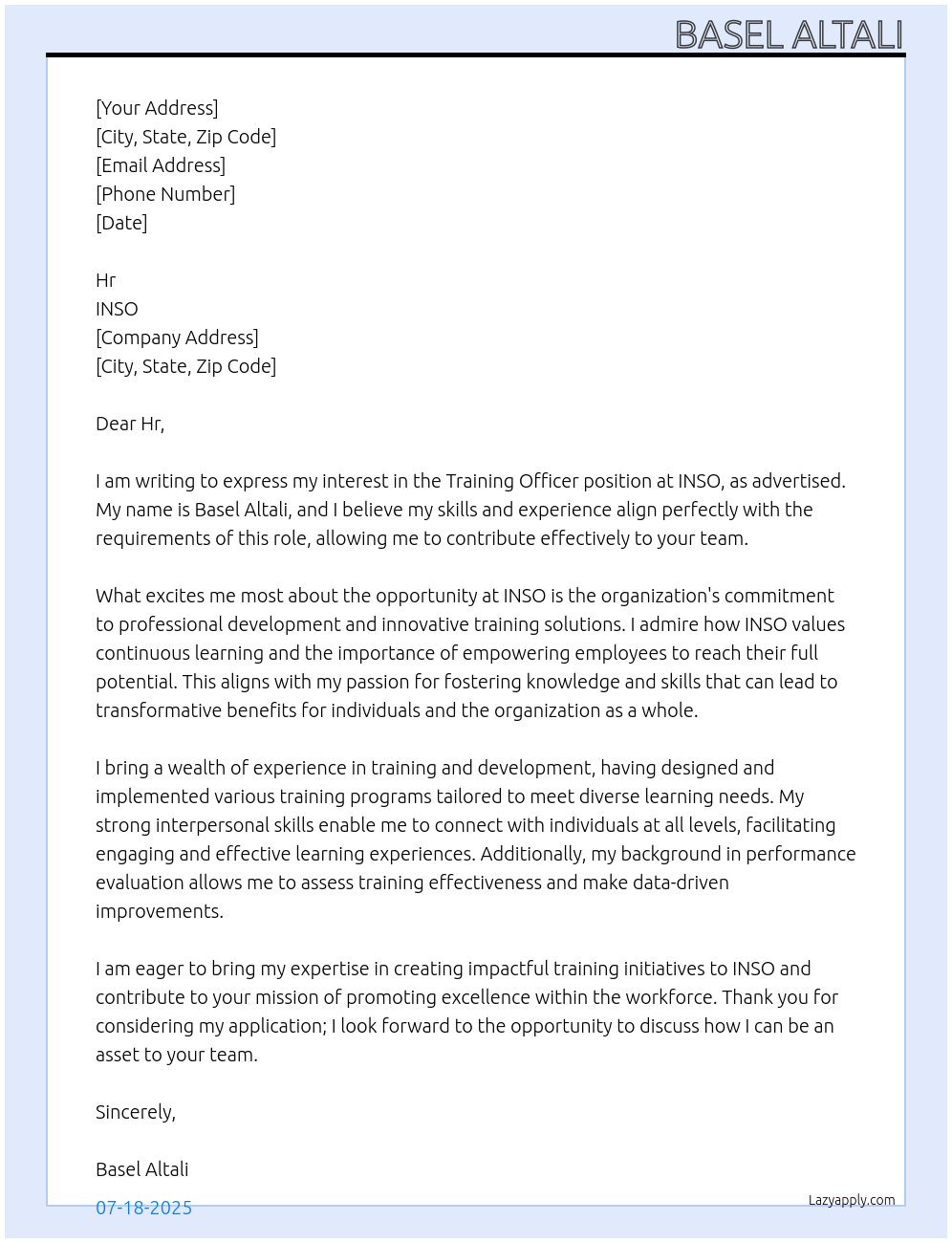 Cover letter for training officer - LazyApply