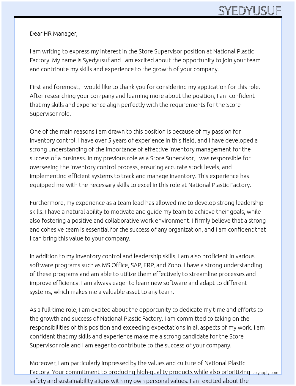 STORE SUPERVISOR At NATIONAL PLASTIC FACTORY Cover Letter